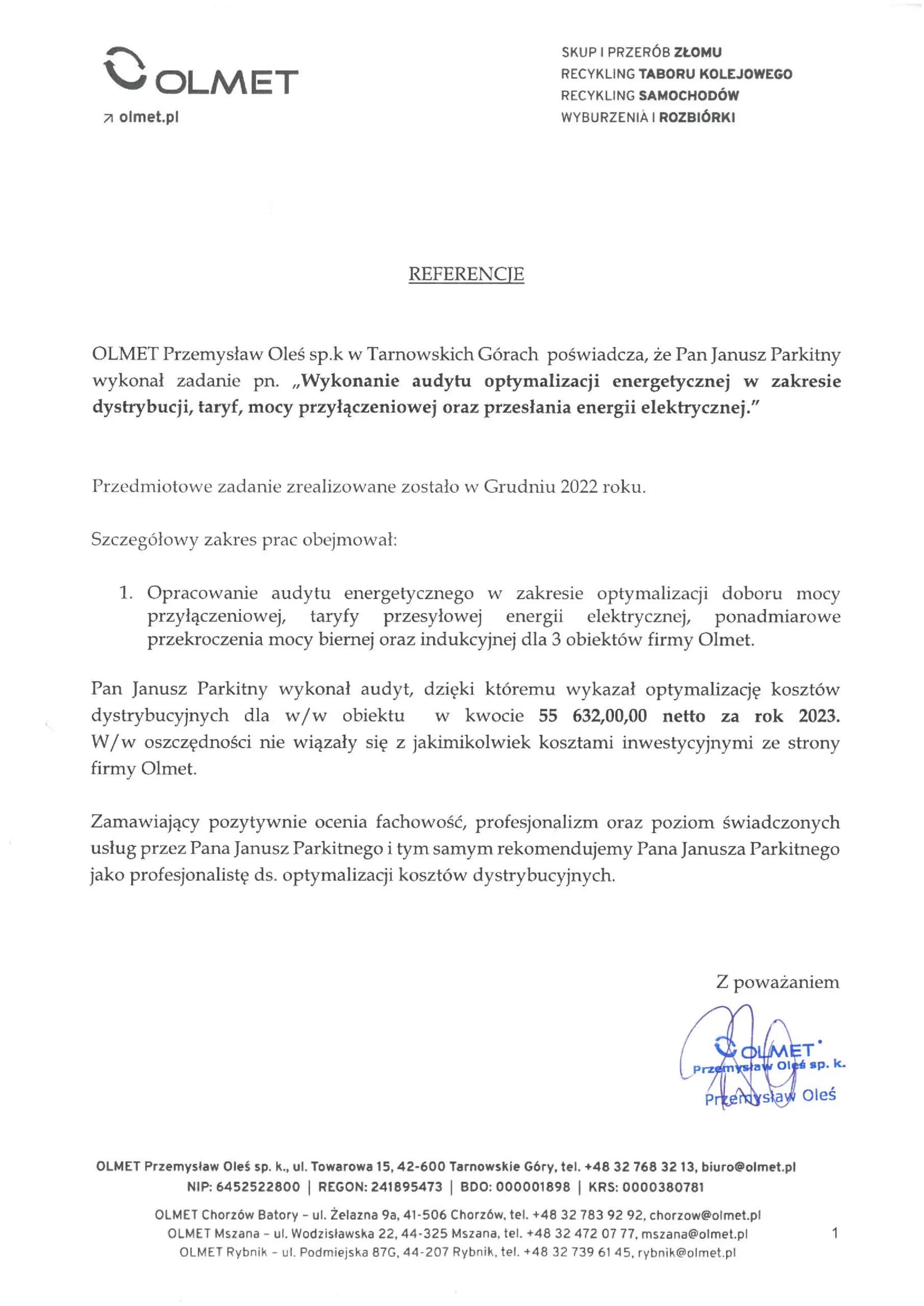 Referencja klienta PGT - dokument 1